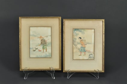 Two Rare Framed Chinese Watercolor Painting Made of Cutting Old R.O.C. Postage Stamps