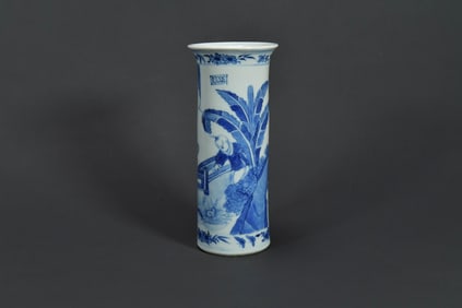 Antique Chinese Blue & White Cylindrical Porcelain Vase, Kangxi Mark