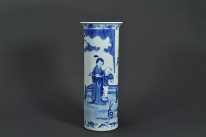 Antique Kangxi Chinese Blue & White Cylindrical Porcelain Vase, Kangxi Mark