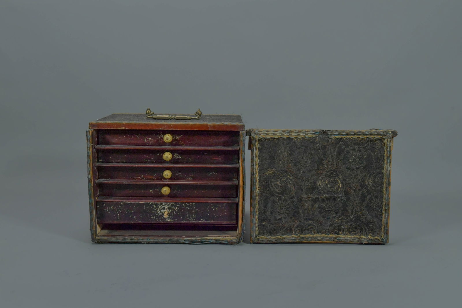 19th Century Chinese Bone/Bamboo Made Mahjong Set in Brocade Decorative Wooden Box: 19th Century Chinese Bone/Bamboo Made Mahjong Set Housed In Brocade Decorative Wooden Chest w/Five Drawers. The set contains tiles made from bone and bamboo. 9"1/2L x 7"W x 7"1/2H; In Good condition.