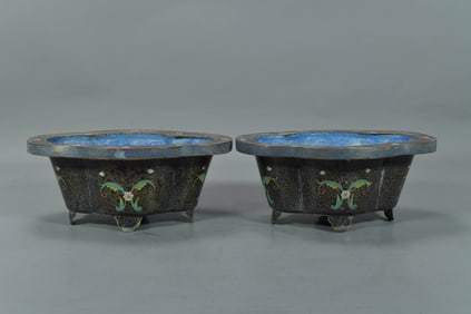 Pair of Antique Chinese Cloisonne Enamel & Copper Ornamental Planters