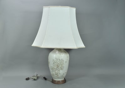 Antique Chinese Export White Porcelain Cylindrical Vase Lamp, Marked