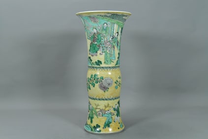 Antique Chinese Famille Jaune Biscuit Beaker Porcelain Vase