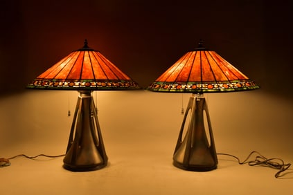 Pair of Vintage Heavy Bronze Tiffany Style Table Lamps w/ Stained Glass