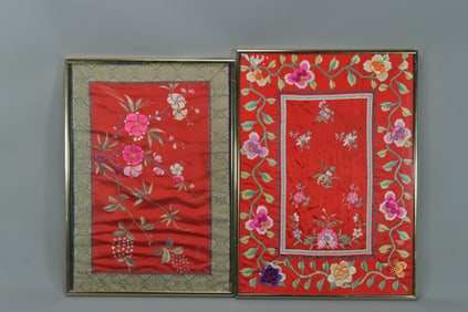Two Framed Vintage Chinese Red Silk Embroidered Floral Panels