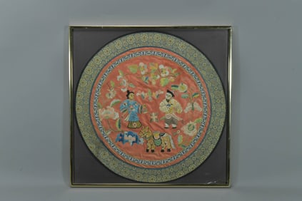 Framed Antique Chinese Round Silk Embroidered Figures Panel