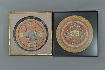 Two Framed Vintage Antique Chinese Round Silk Embroidered Panels