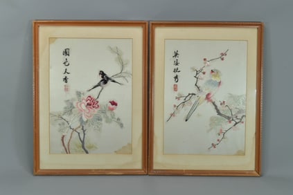 Two Framed Vintage Signed Chinese Bird & Floral Silk Embroidered Panel