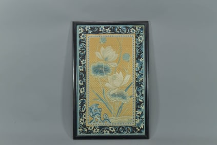 Framed Antique Chinese Lotus Flowers Silk Embroidered Panel
