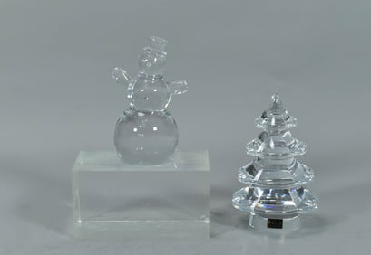 Set of 2 HOYA Signed Christmas Crystal Tree & Snowman, Japan