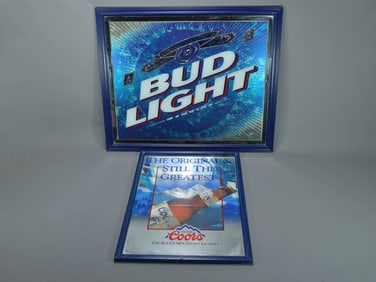 Two Vintage "Coors", "Bud Light" Beer Promotional Mirror Signb0ards