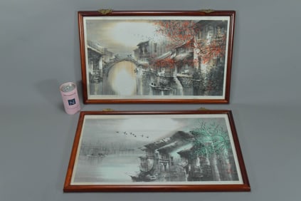 Pair of Framed Chinese Village River Landscape Watercolor & Ink Paintings w/Artist Signed