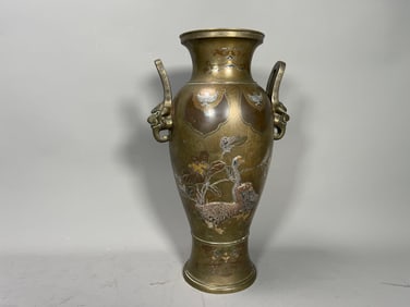 Fine Antique Japanese Meiji Period Mixed-Metal Bronze Vase w/Gold & Silver Inlaid