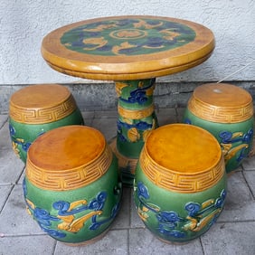 Vintage Glazed Pottery Chinese Garden Table Set w/4 Stools