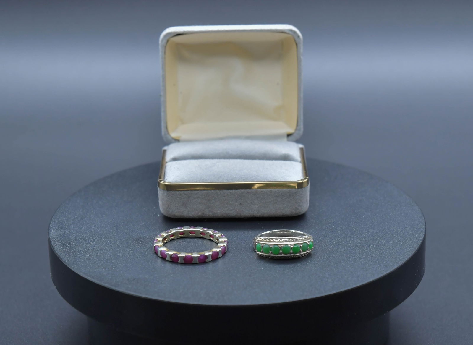 Two Vintage Sterling Silver Rings w/Multiple Green Jadeite & Ruby (1 of 6)