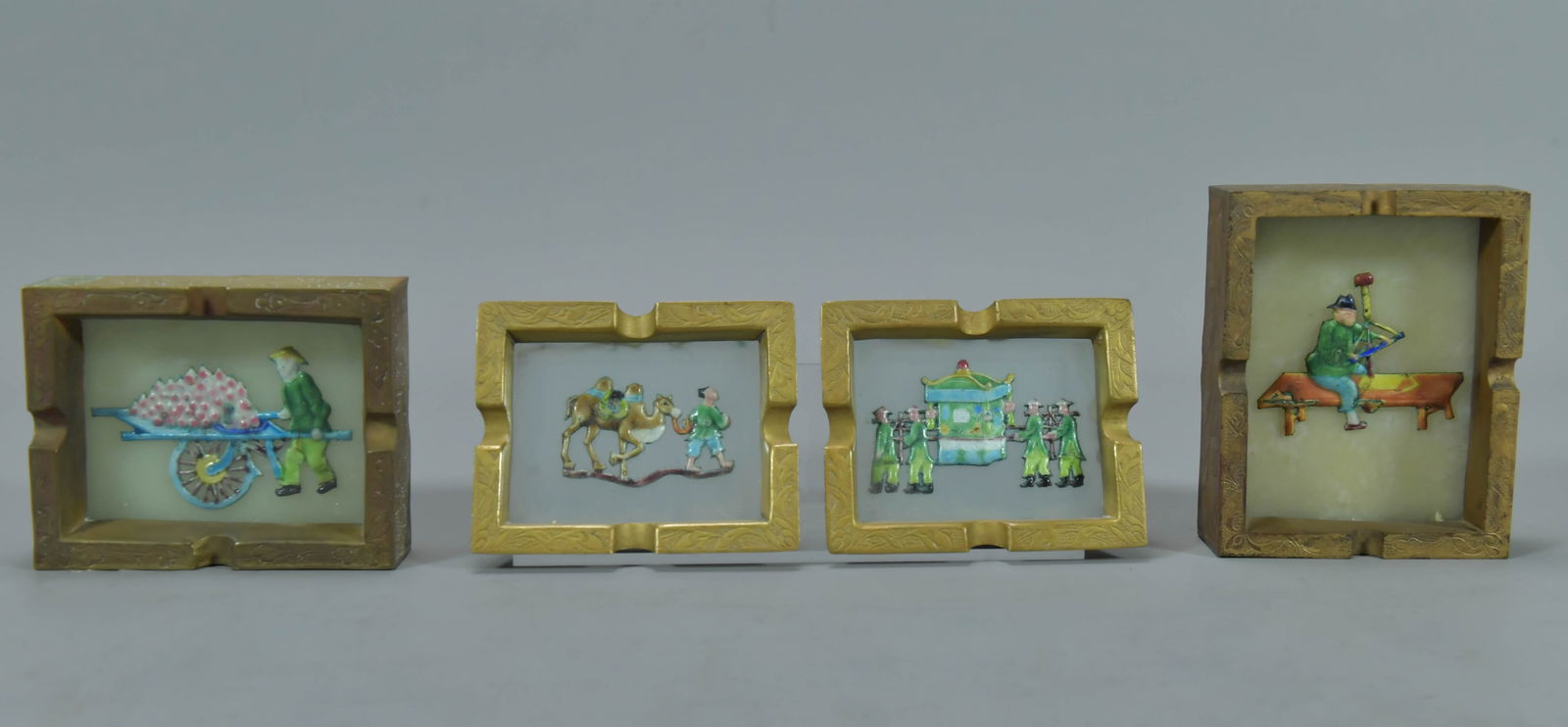 Group of 4 Antique Chinese Brass Ash Tray w/Enameled Cloisonne Detailed Relief Depicting (1 of 7)