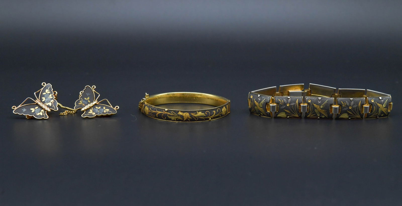 Lot of 3 Vintage Pair of Japanese Mixed Metals Butterfly's Pins & Hinged Bangle Bracelets (1 of 6)