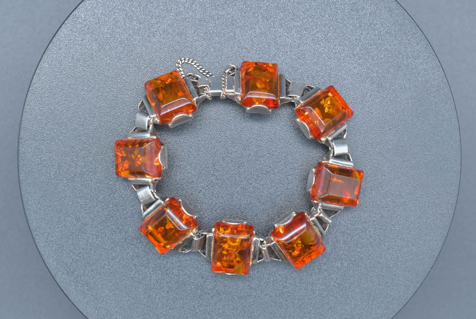Vintage Sterling Silver Amber Bracelet w/Safety Chain (1 of 6)