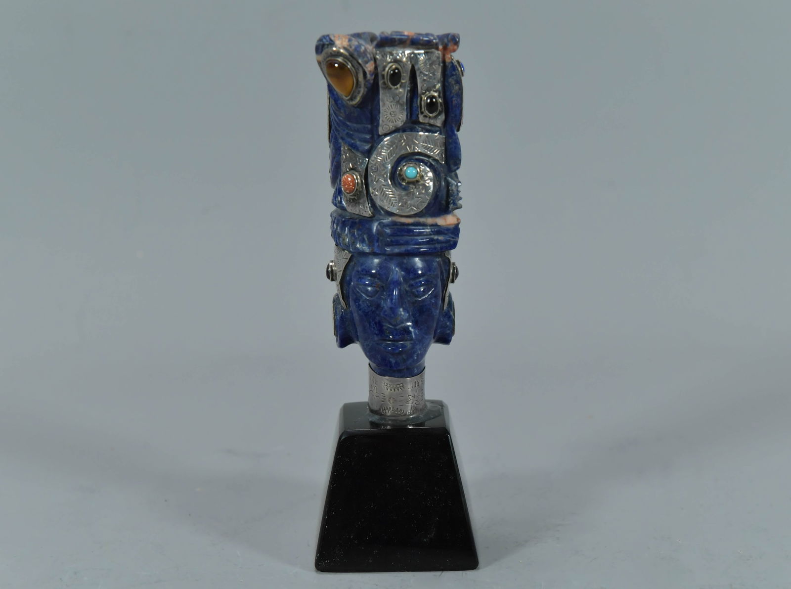 Vintage Blue Sodlite (Lapis Lazuli) Stone Carving w/Silver Accents & Various Inset Gemstones (1 of 9)