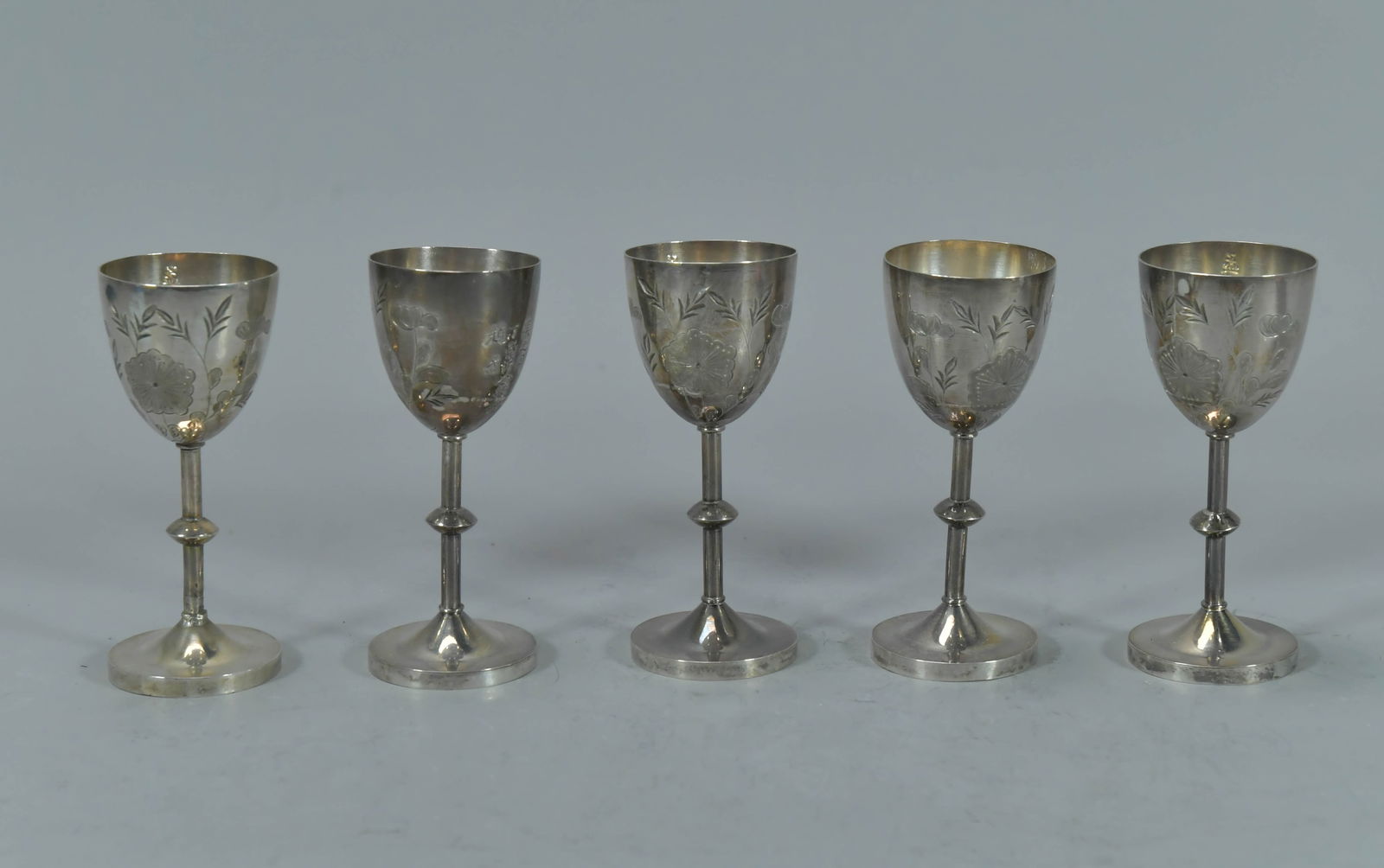 Group of 5 Vintage Chinese Sterling Silver Decorated Small Goblets w/Maker's Mark 青島&# (1 of 7)