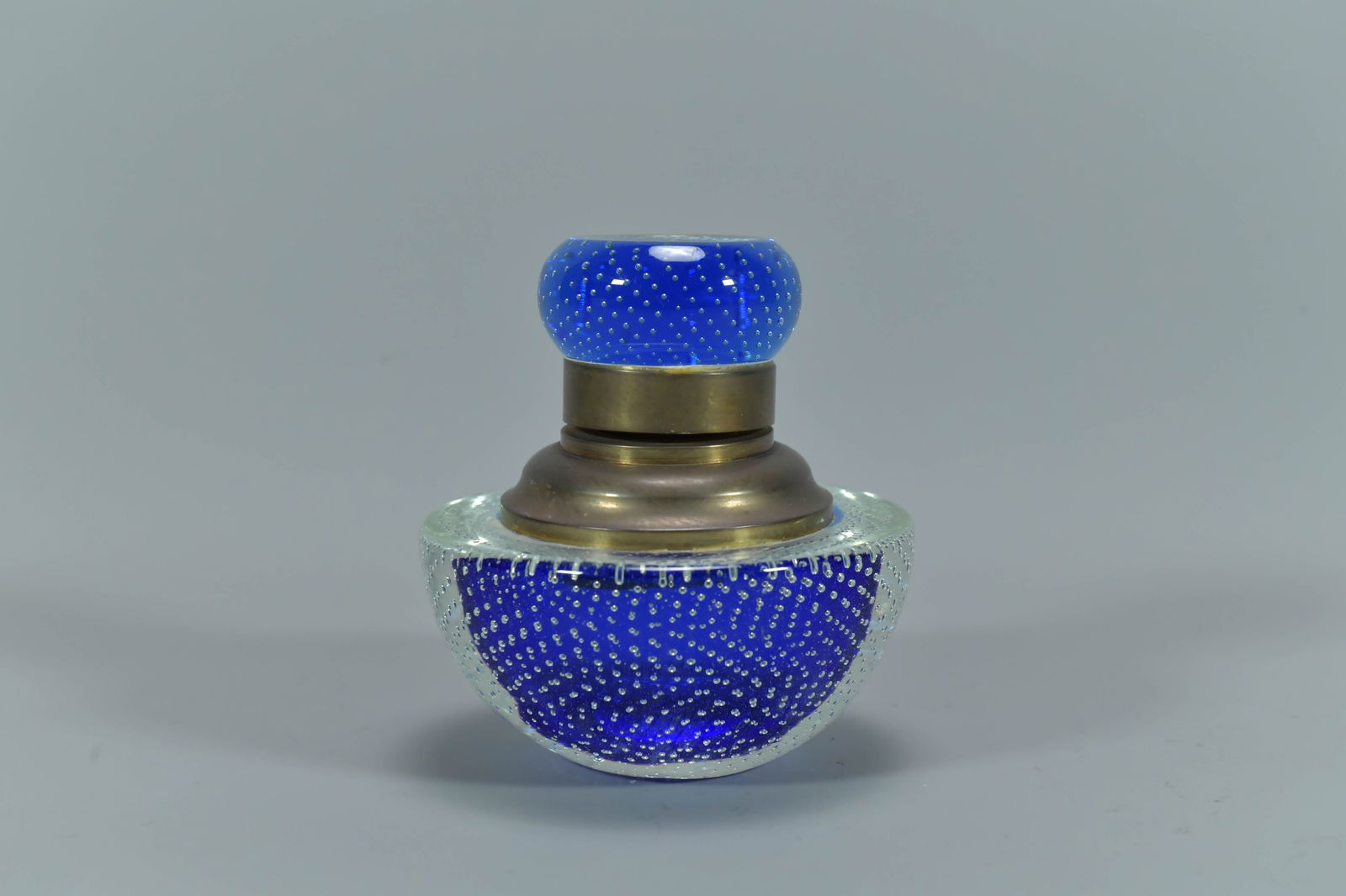 Vintage Hinged Brass & Blue Clear Bubble Glass Inkwell (1 of 6)