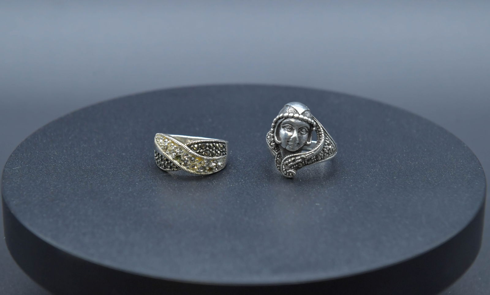 Two Fine Vintage Silver Rings w/Rhinestones Inlaid (1 of 8)