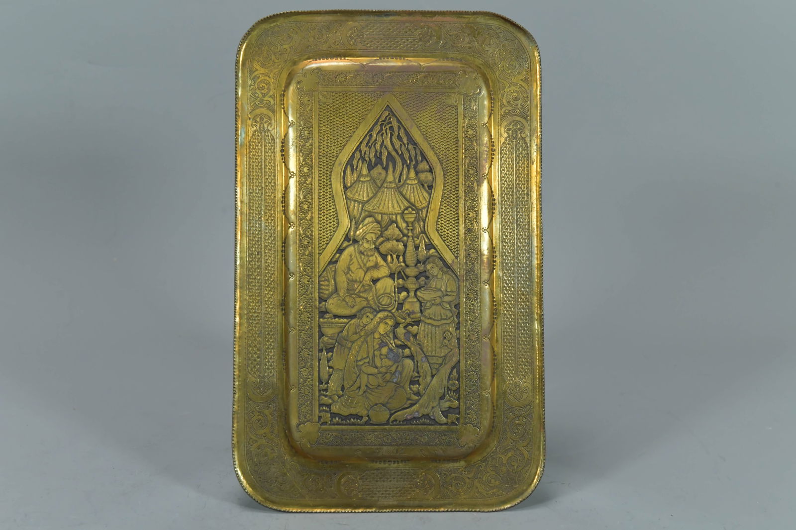 Vintage Signed Rectangular Brass Tray w/Persian Banquet Scene (1 of 7)
