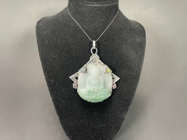 Large Customized Jade & Silver Buddha Pendant w/Four Gemstone Inlaid