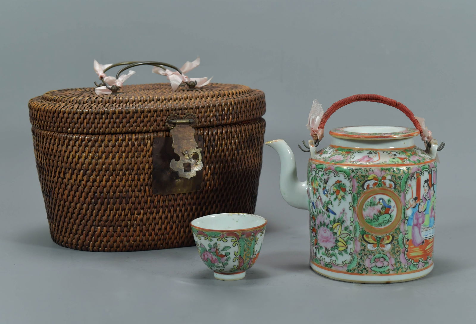 Antique Chinese Famille Rose Porcelain Tea Set in Wicker Basket (1 of 8)