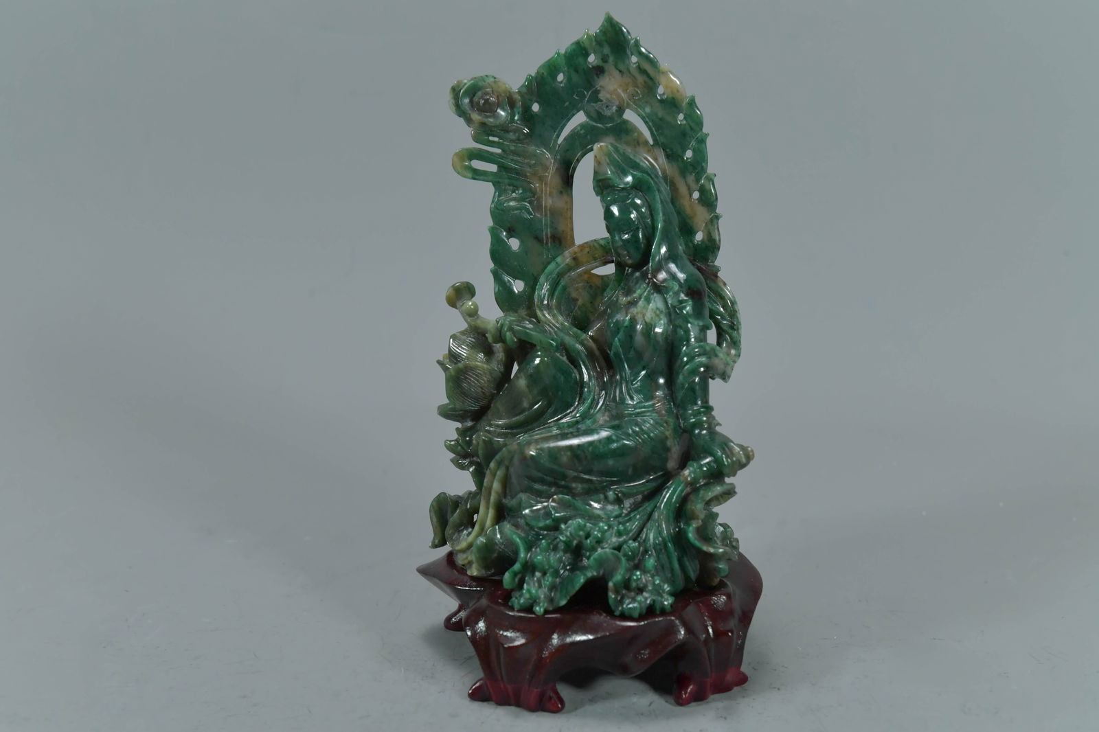 Vintage Chinese Green Jade Carved Kuanyin Figure Sculpture w/Wooden Stand (1 of 8)