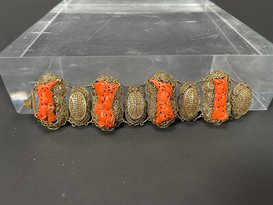 Fine Antique Chinese Gold Tone Silver Filigree Bracelet w/Carved Coral Panels (1 of 7)
