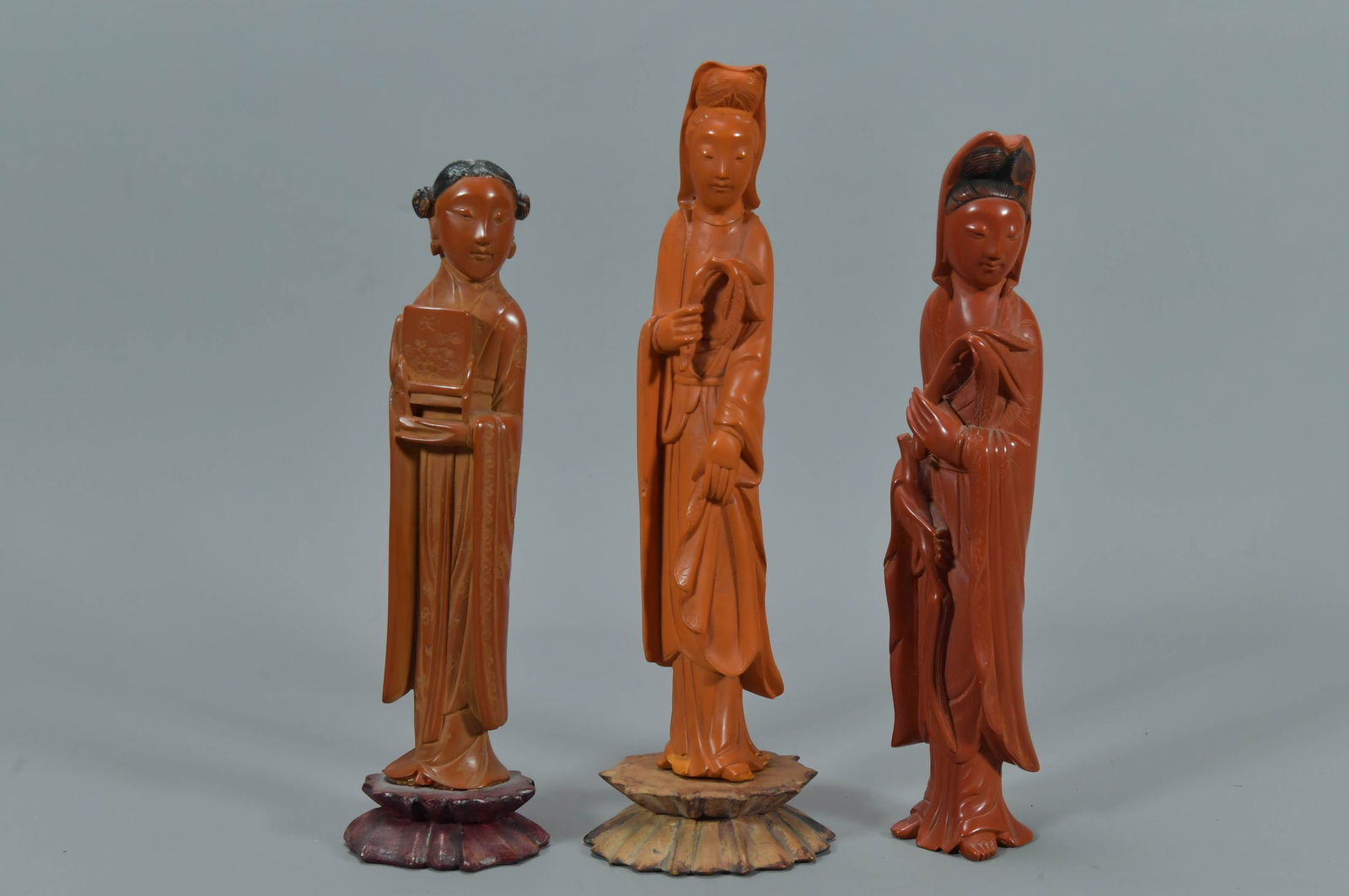 Group of 3 Vintage Chinese Hand-Carved Bakelite Figurines Statue: Group of 3 Vintage Chinese Hand-Carved Bakelite Figurines Statue. Two statues is mounted on a carved wooden base w/CHINA mark, Total tall 7"1/2 & 8"1/2; Other one 7"3/4Tall; In good condition