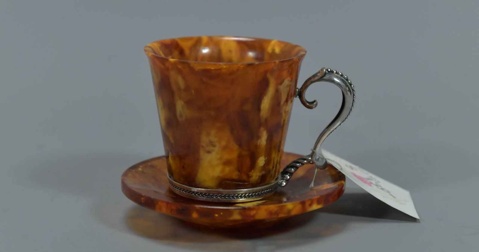 Beautiful Vintage Russian Amber Teacup & Saucer Set w/Ornamental Silver Handle & Rim (1 of 8)