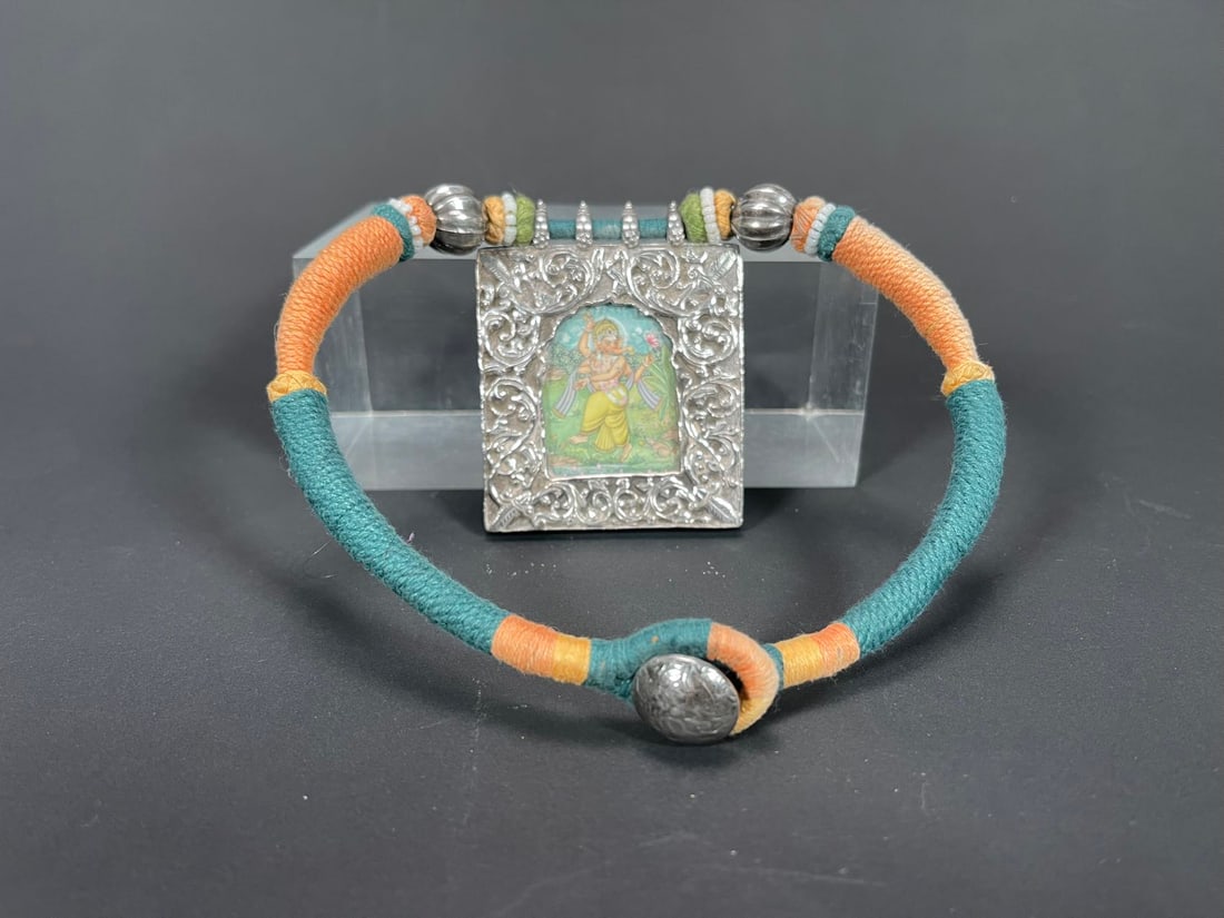 Vintage Traditional Ethnic Jewelry Hasli Necklace w/Hand-Painted Silver Carved Frame Pendant (1 of 7)