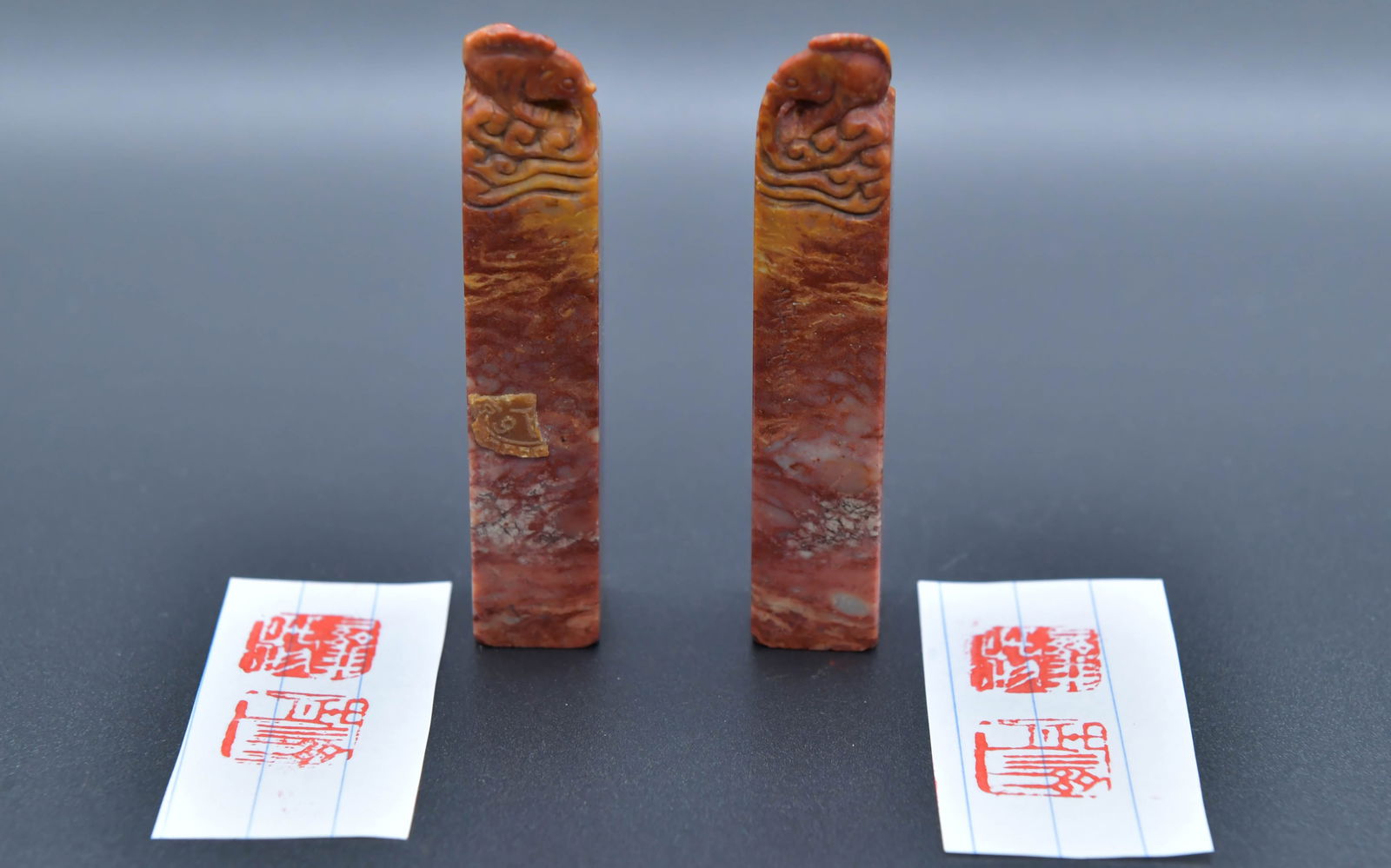 Pair of Antique Customized Chinese Hand-Carved Soapstone Seal w/Elephant & Waves Motifs (1 of 12)