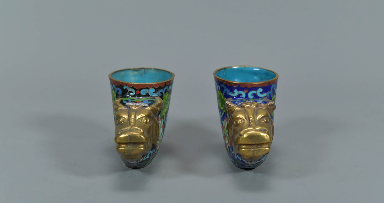 Pair of Vintage Chinese Copper Ox Head Deco Cloisonne Libation Cups (1 of 6)