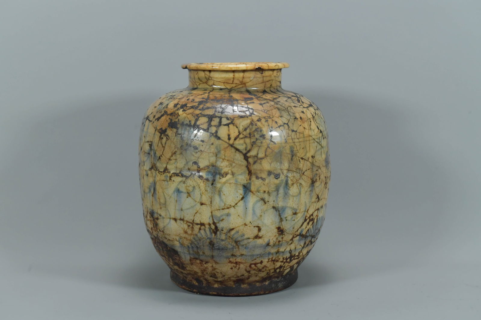 Antique Old Chinese Brown & Blue Crackled Glaze Pottery Jar (1 of 6)