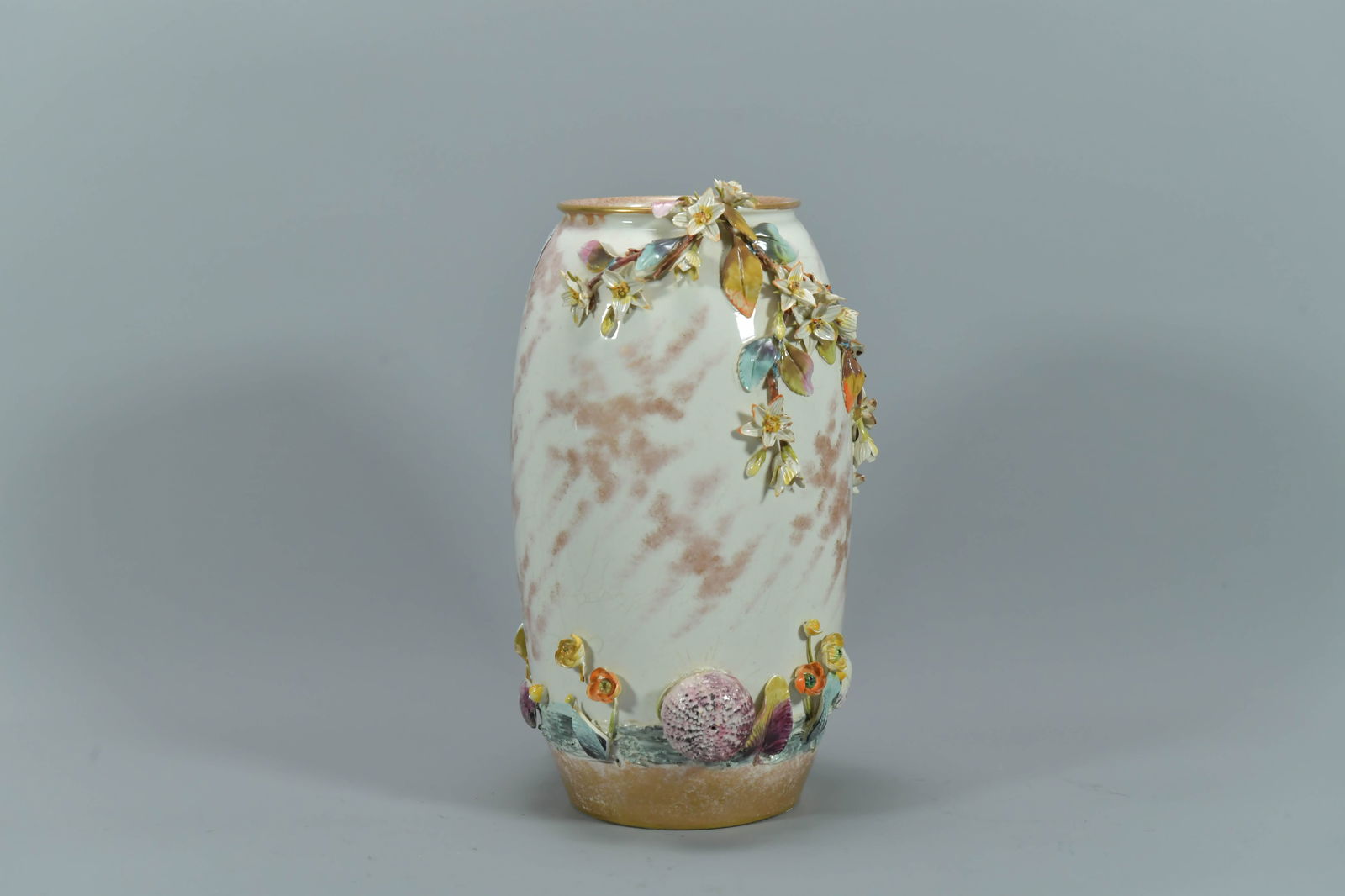 Very Rare Antique DOULTON Faience Pottery Marine Life Themed Reliefs Decorated Vase: Very Rare Antique DOULTON Faience Pottery Marine Life Themed Reliefs Decorated Vase. Tall 9"1/2, Body wide 5"1/2; Some random flowers with chips, generally in good condition, (Stand Not Included)