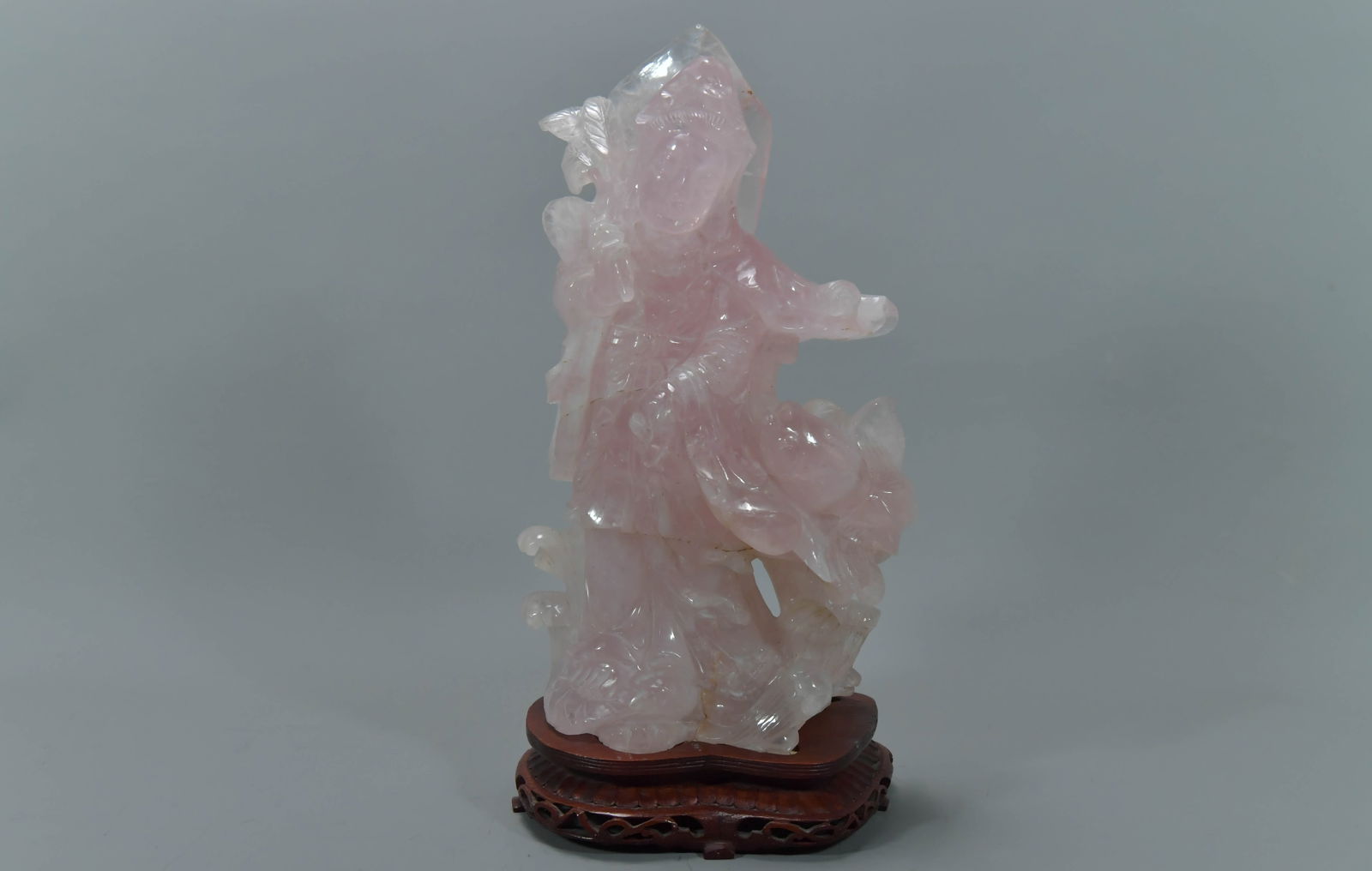 Large Vintage Chinese Hand-Carved Rose Quartz Sculpture w/Matching Wooden Base (1 of 7)