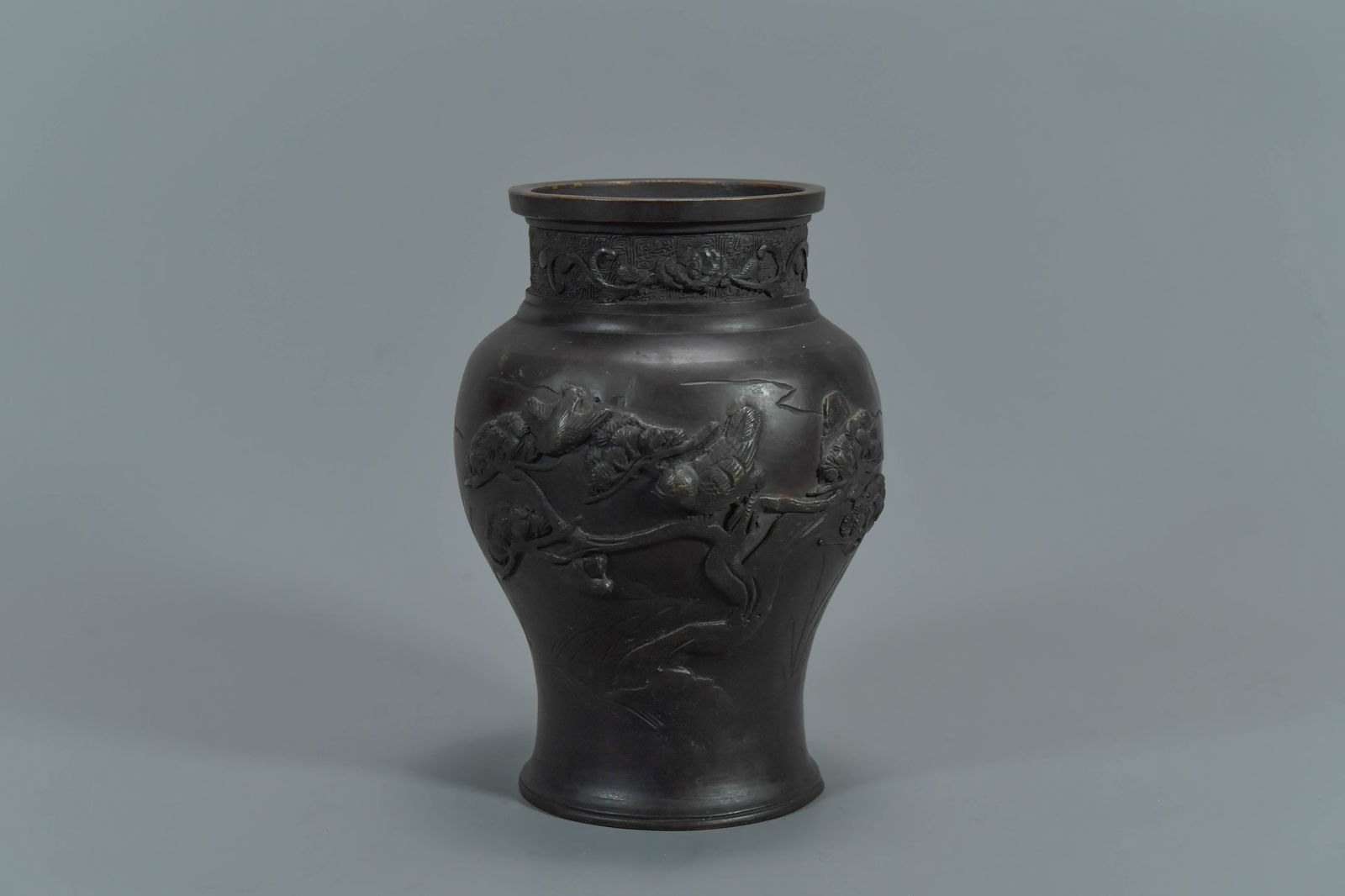 Meiji Period Japanese Bronze Vase w/High-Relief Design of Birds & Pine Trees (1 of 6)