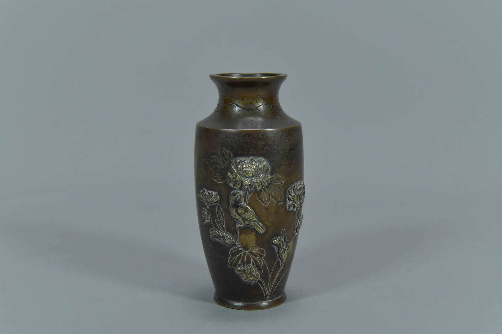 Antique Meiji Period Japanese Bronze & Silver Carving Details Vase w/Relief Bird & Chrysanthemum (1 of 6)
