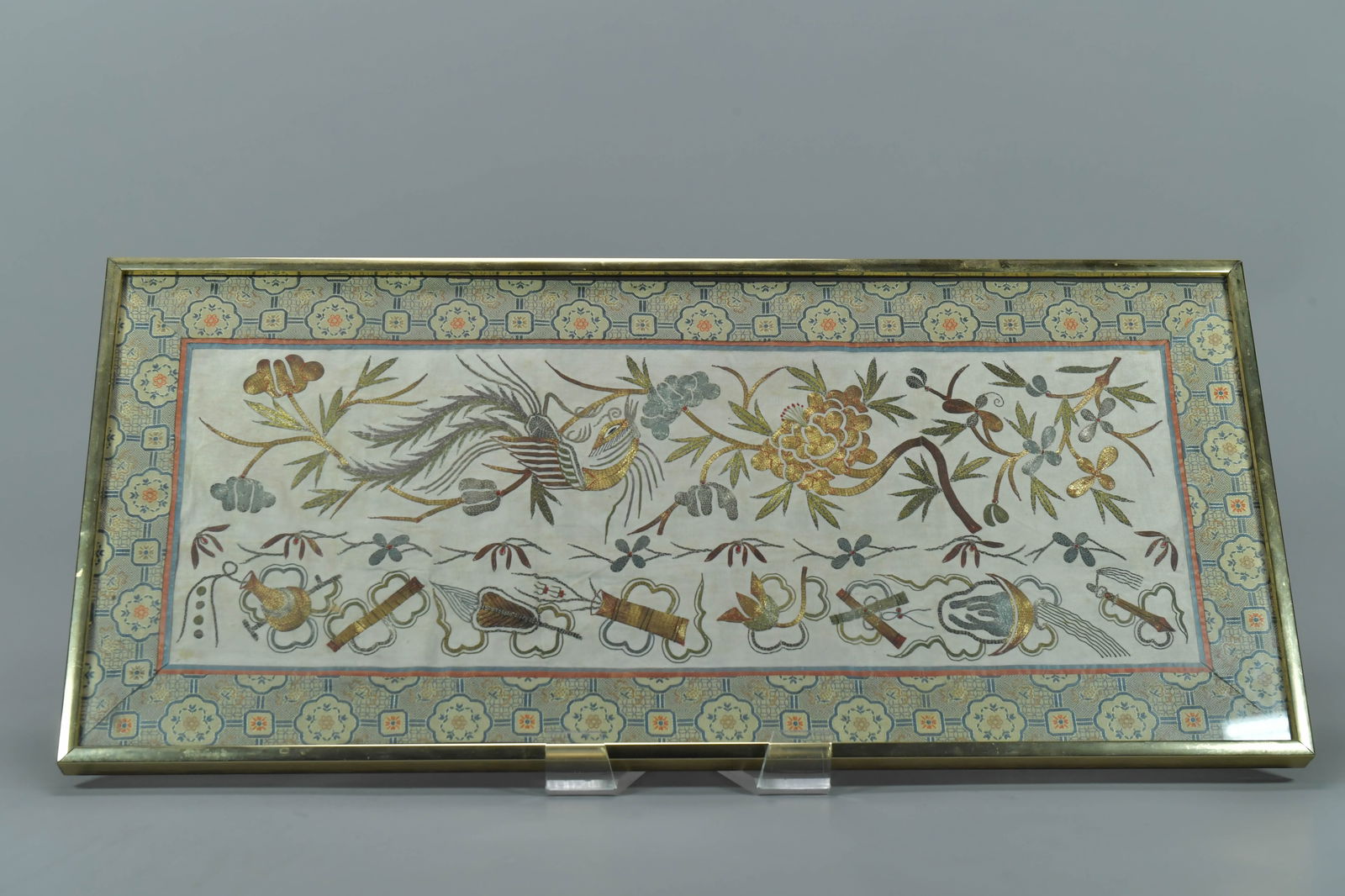 Framed Chinese Silk Embroidery Panel w/Birds, Flowers & Buddhism Eight Auspicious Symbols (1 of 8)
