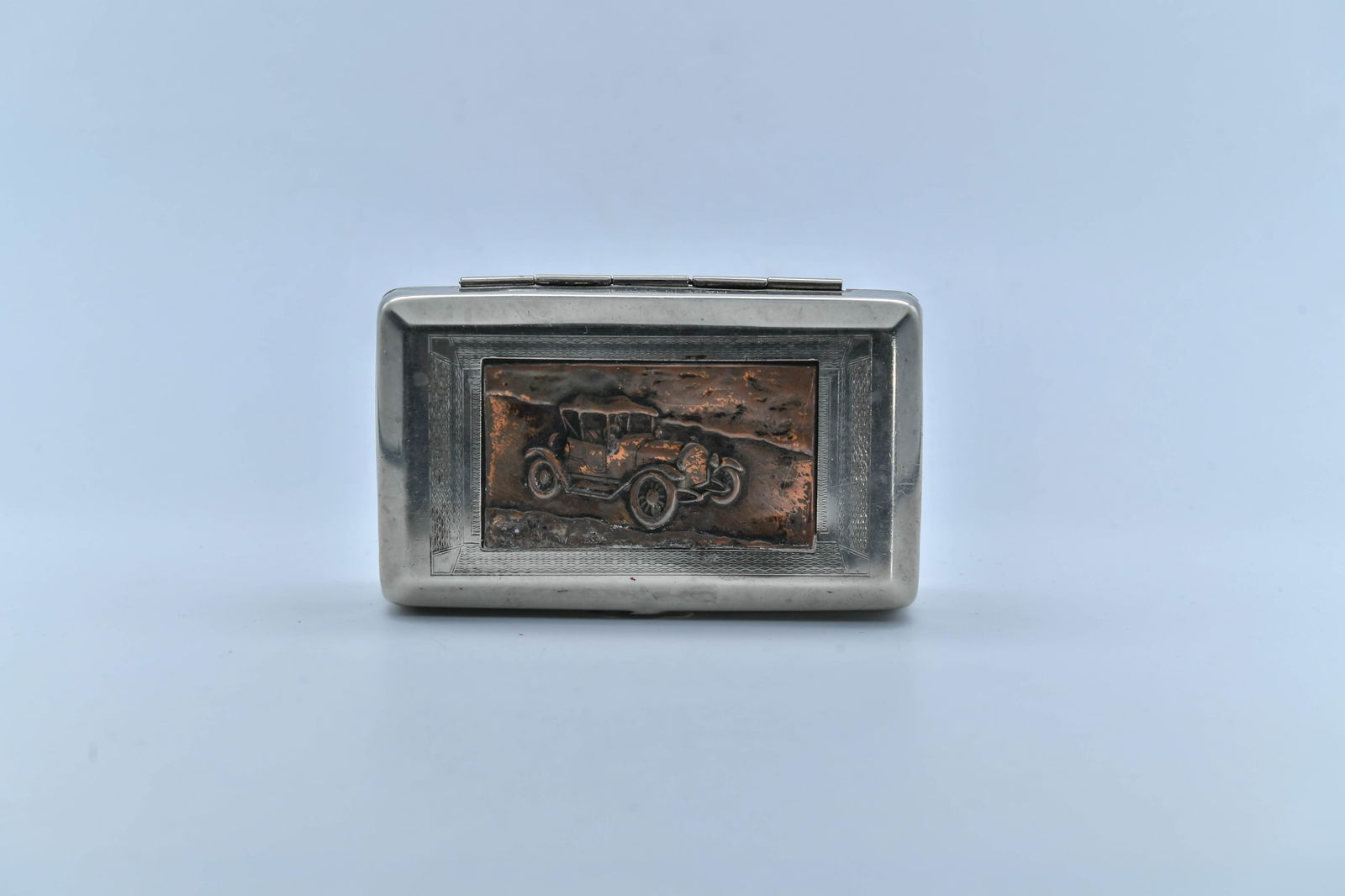 Vintage Silver-Tone Cigarette Case w/Copper Relief of An Antique Car, Made in Germany (1 of 7)