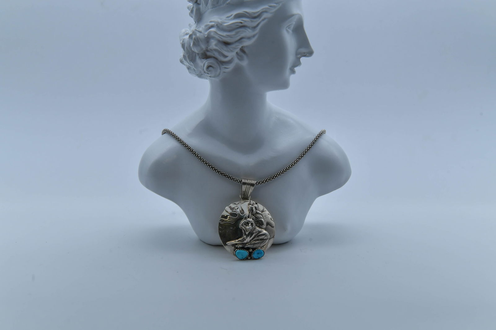 Vintage R.B. Sterling Silver Wolf Pendant w/Turquoise Stones (1 of 6)