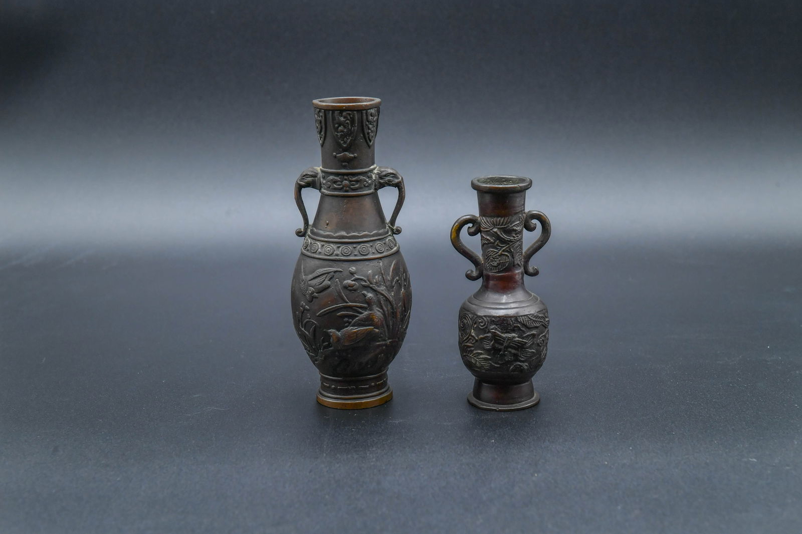 Lot of 2 Antique Japanese Heavy Bronze Vases w/Detailed Relief Scenes (1 of 6)