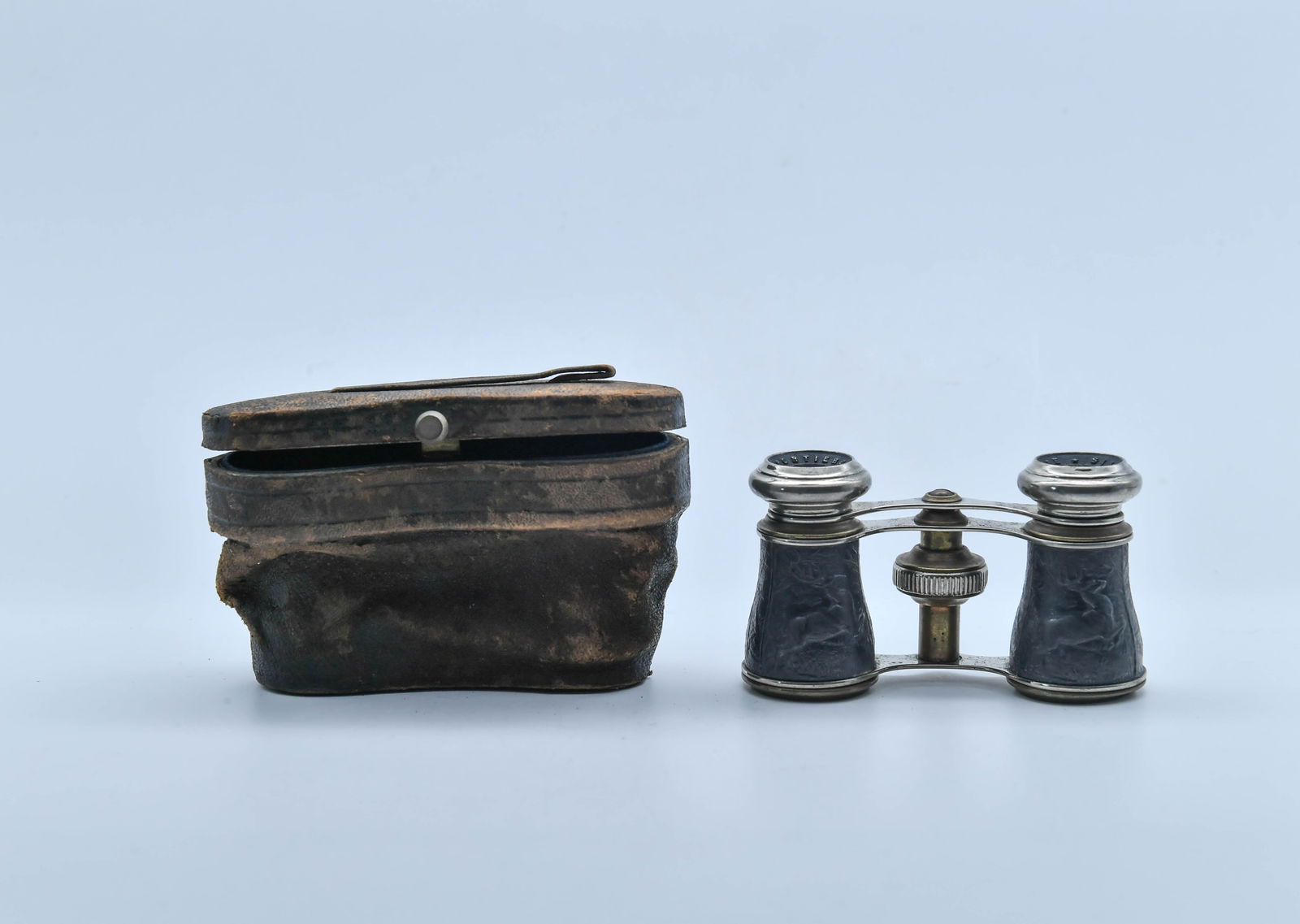 Antique French Opera Glasses by Sportier Paris Embossed Metal Scenic Panels: Antique French Opera Glasses by Sportier Paris Embossed Metal Scenic Panels, with Original Leather Case. In good antique condition.