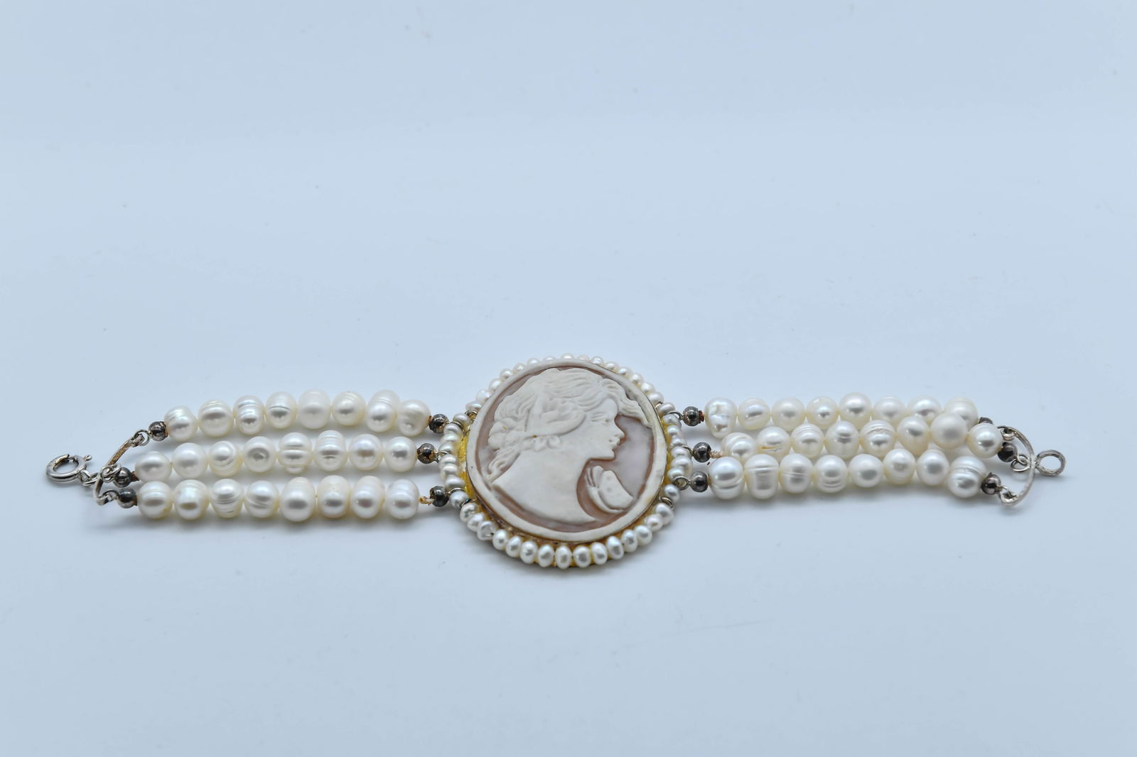 Fine Vintage Italy Pearl & 925 Sterling Silver 3 Row Bracelet w/Carved Shell Victorian Cameo (1 of 7)