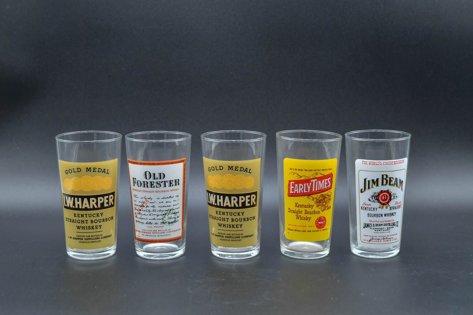 Set of 5 Vintage Kentucky Bourbon Whiskey Glasses, Made in France: Set of 5 Vintage Kentucky Bourbon Whiskey Glasses, Made in France. 5"1/4Tall; In good condition.