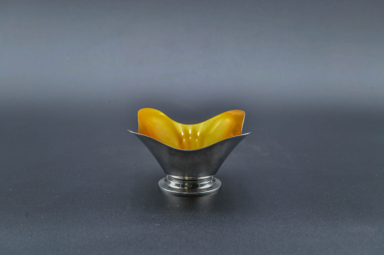 Vintage MEKA Denmark Silver Plate Metal & Gold Enamel Bowl/Trinket Dish: Vintage MEKA Denmark Silver Plate Metal & Gold Enamel Bowl/Trinket Dish. 3"3/4W x 2"H; In good condition with normal wear.