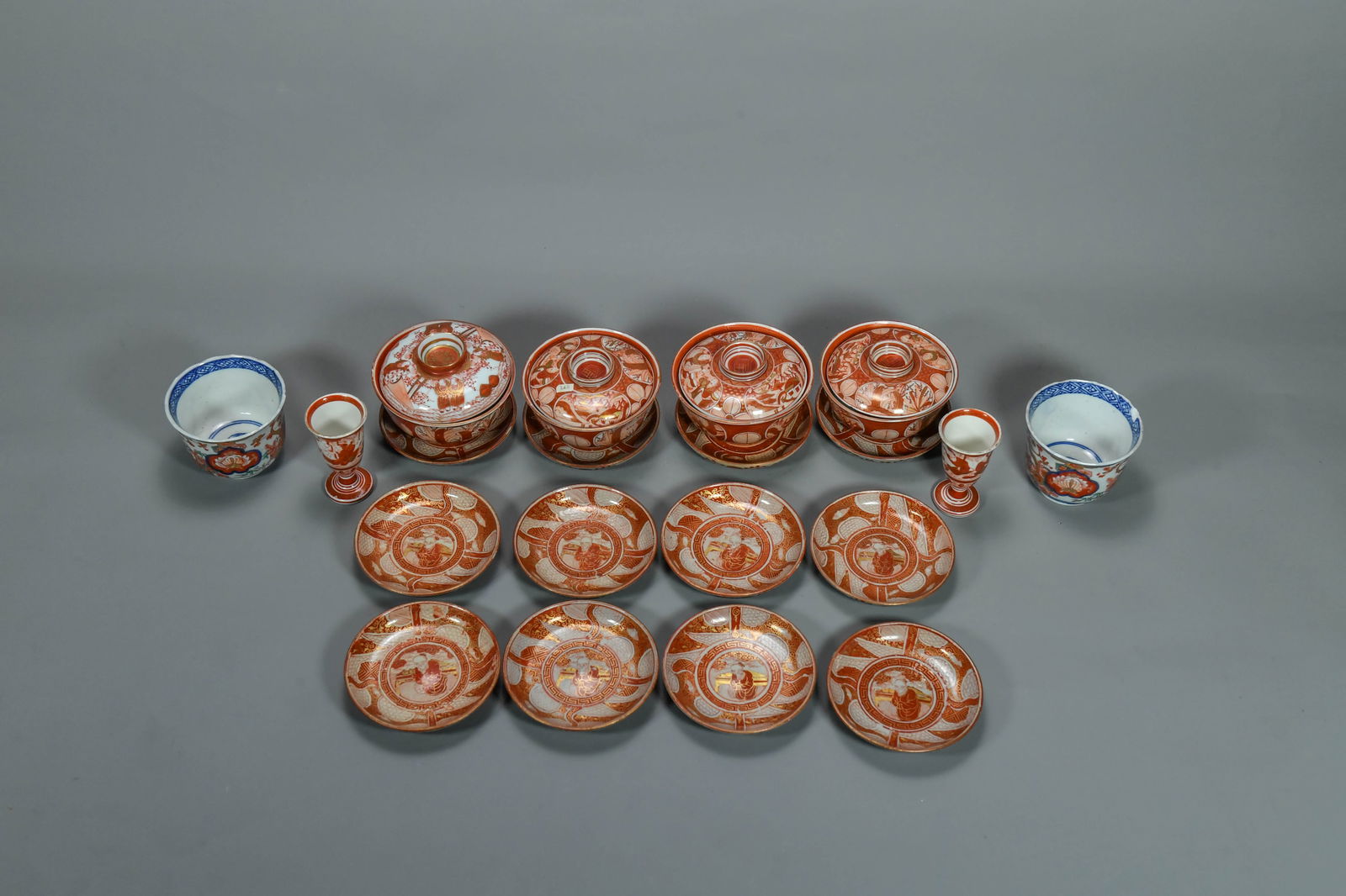 Lot of 24 Vintage Antique Japanese Red & Gold Kotani Ware Plates Bowls & Cups w/Signature (1 of 7)